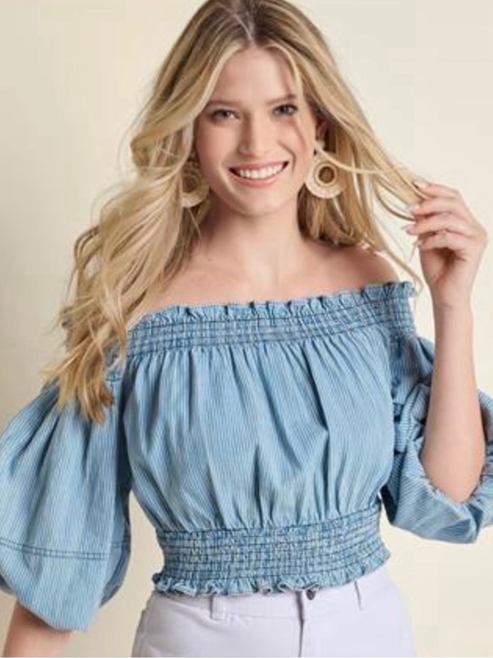 VENUS Blue and White striped Off the Shoulder Crop Top